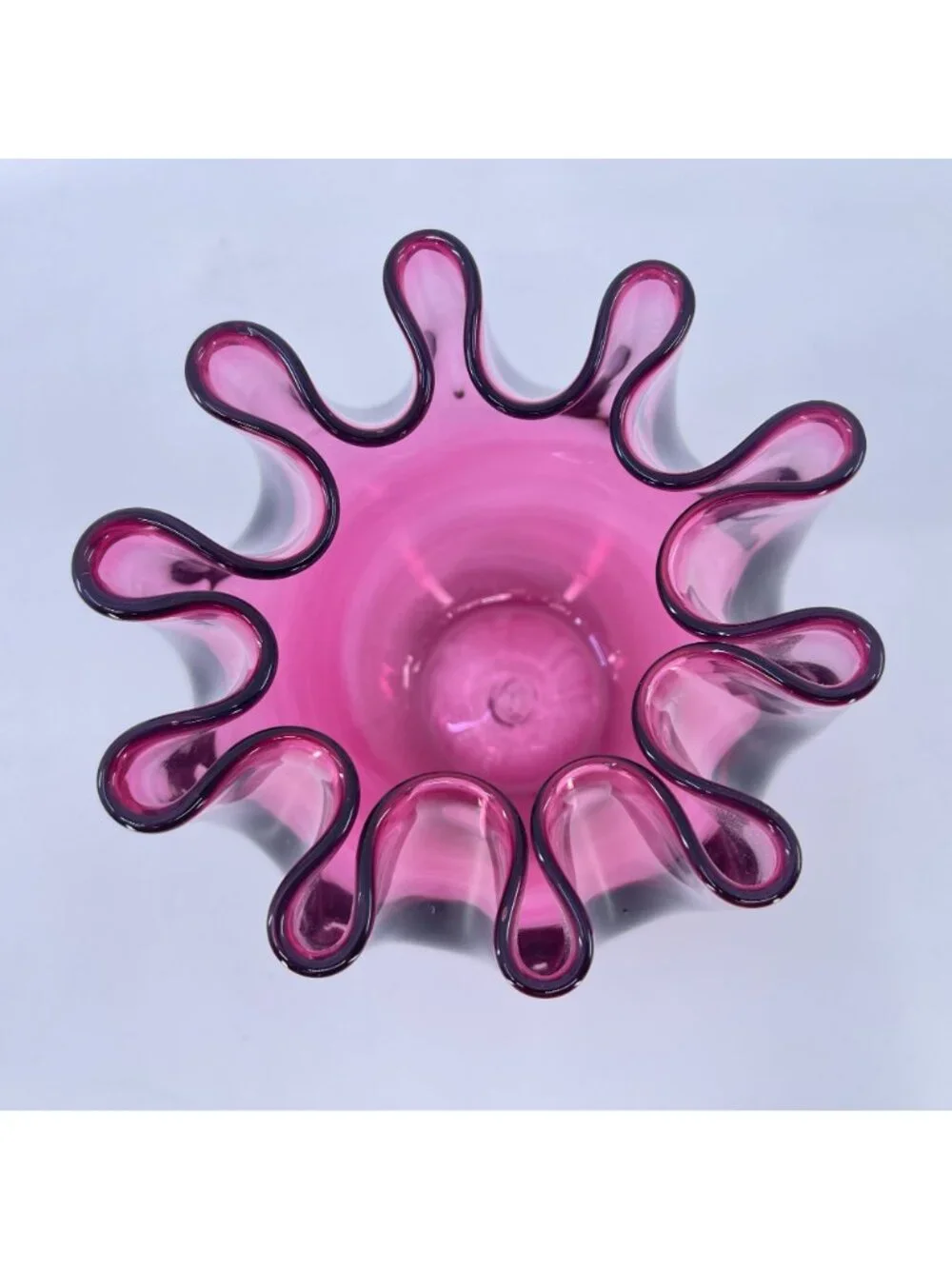 vintage pilgrim handblown art glass cranberry pink vase with ruffled edge design
